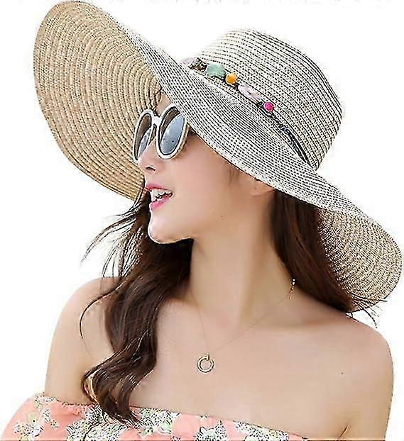 Bayan Geniş Kenarlı Hasır Şapka Disket Katlanabilir Roll up Cap Plaj Güneş Şapkası UPF 50+