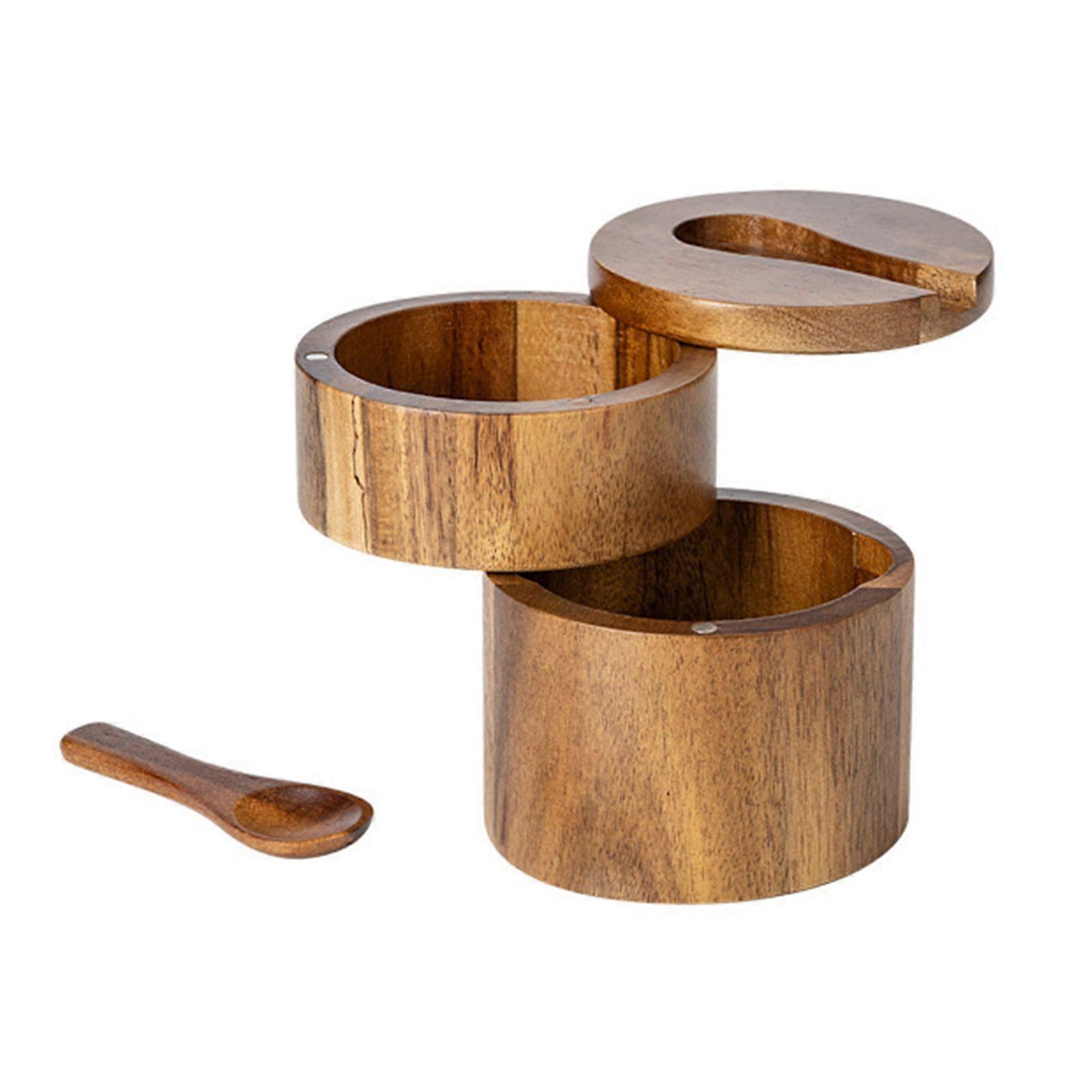 2-Layer Salt And Pepper Bowl with Spoon Magnetic Swivel Lid Dustproof Seasoning Box Rotatable Design Kitchen Helper for Serving