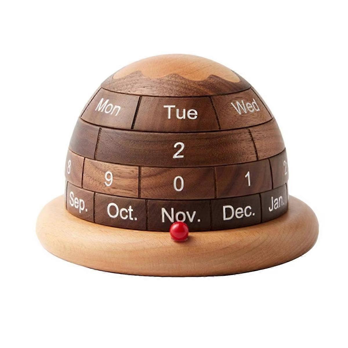 Walnut Wood Calendar Rotatable Wooden Planet Desk Calendar with Heavy Duty Base for Home Office Bed
