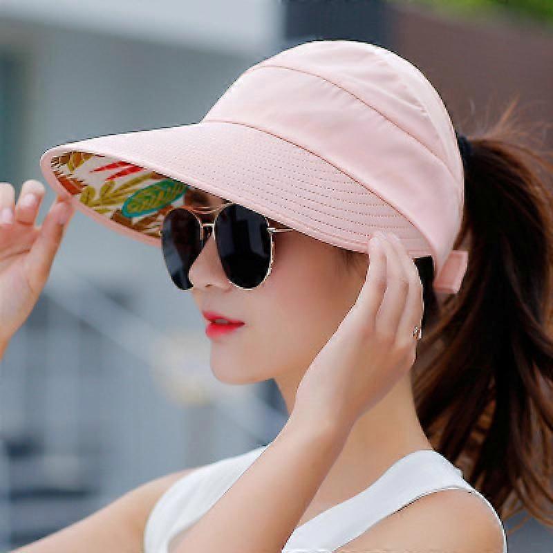 Summer women's soil foldable sunscreen empty top hat Korean version big brim sun hatpink
