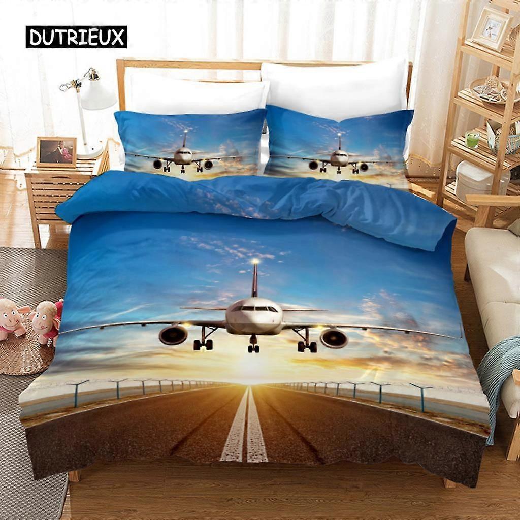 x2370 ملاءات سريرغطاء لحاف طائرة من الألياف الدقيقة طائرة تحلق عبر مجموعة الفراش ذات موضوع السماء الزرقاء للأولاد والبنات مقاس 3 قطع طقم مفروشات (1