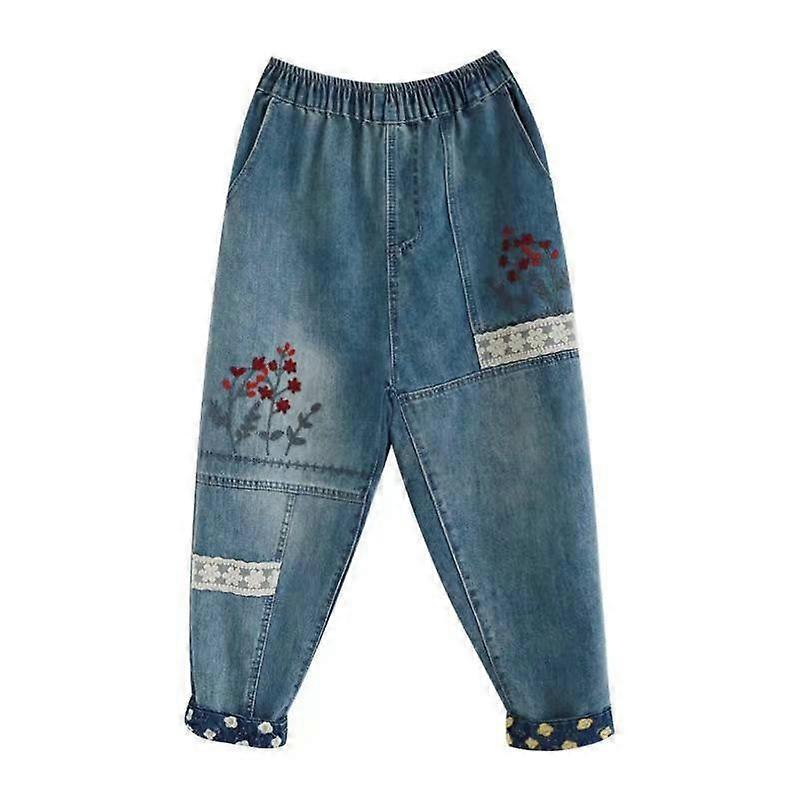 Spring Women's Retro Embroidered Patchwork Loose Ninth Jeans