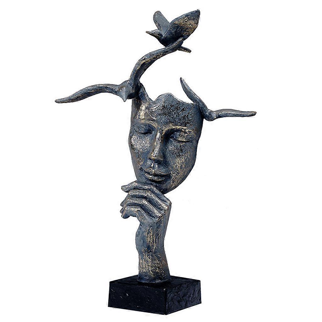 European Nordic Style Resin Thinker Mask with Bird Statue Abstract Face Figurine Modern Home Sculptures Desktop Decor Bronze