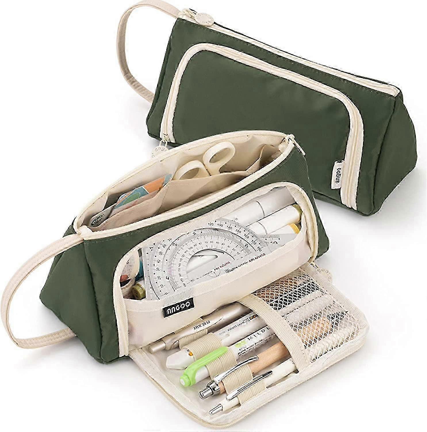 Durable Large Capacity Pencil Case,with Compartments(cream-dark Green)