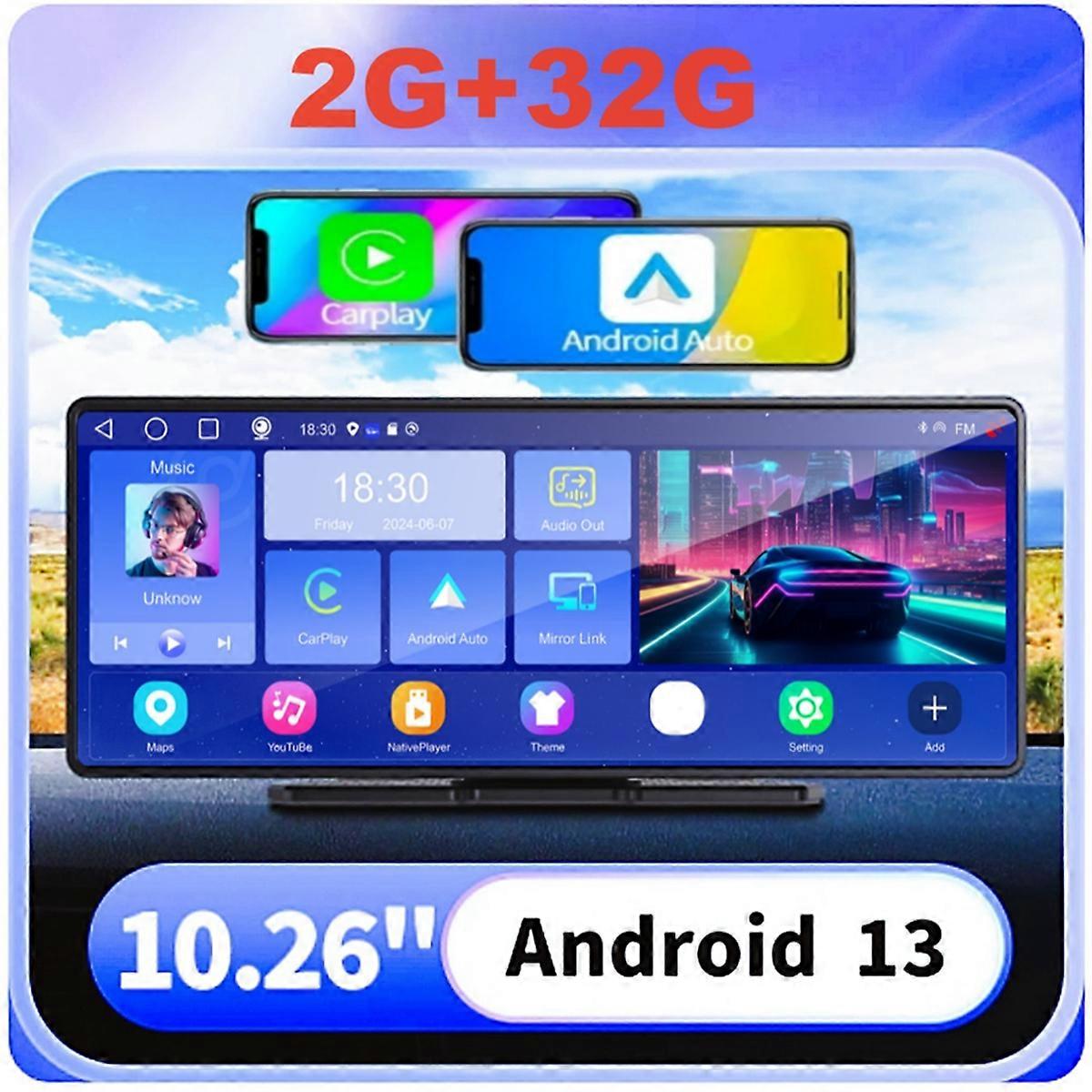 10.26 inch Android 13 Car DVR with Wireless CarPlay, FM, Bluetooth