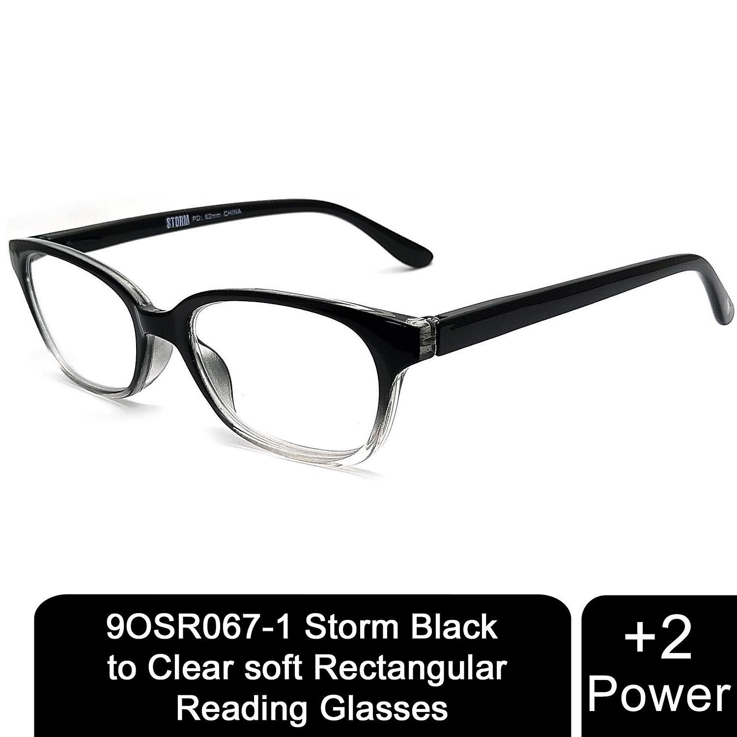 Storm Unisex Leightweight Black to Clear soft Rectangular Comfortable Spring Hinge +2 Power Glasses