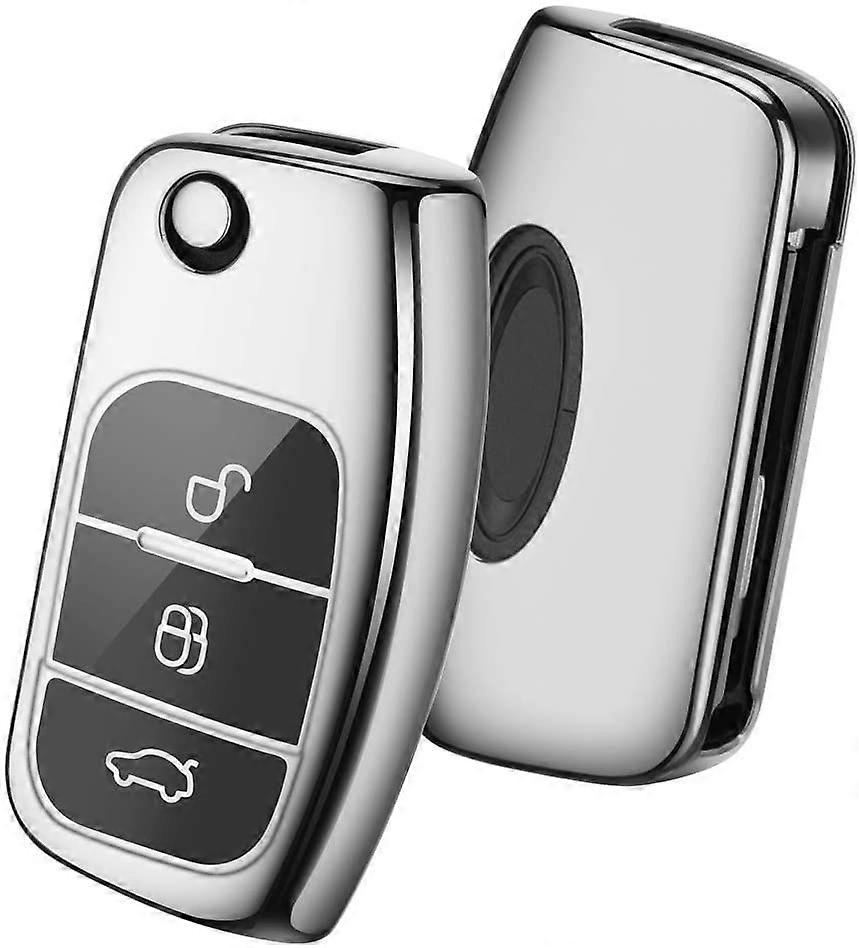 Car Key Cover Compatible , 3 Button Key Case Shell TPU Key Box (Silver)