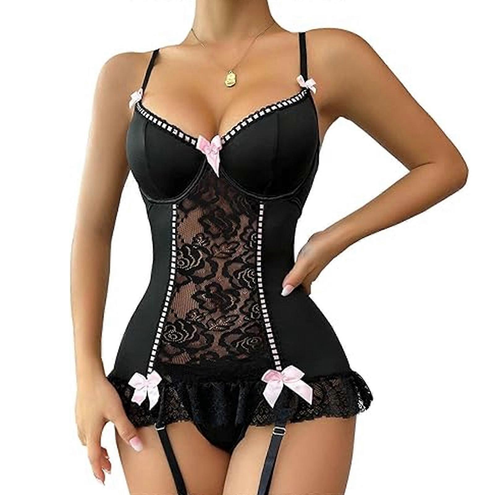 1pcs black lace bow sexy pajamas