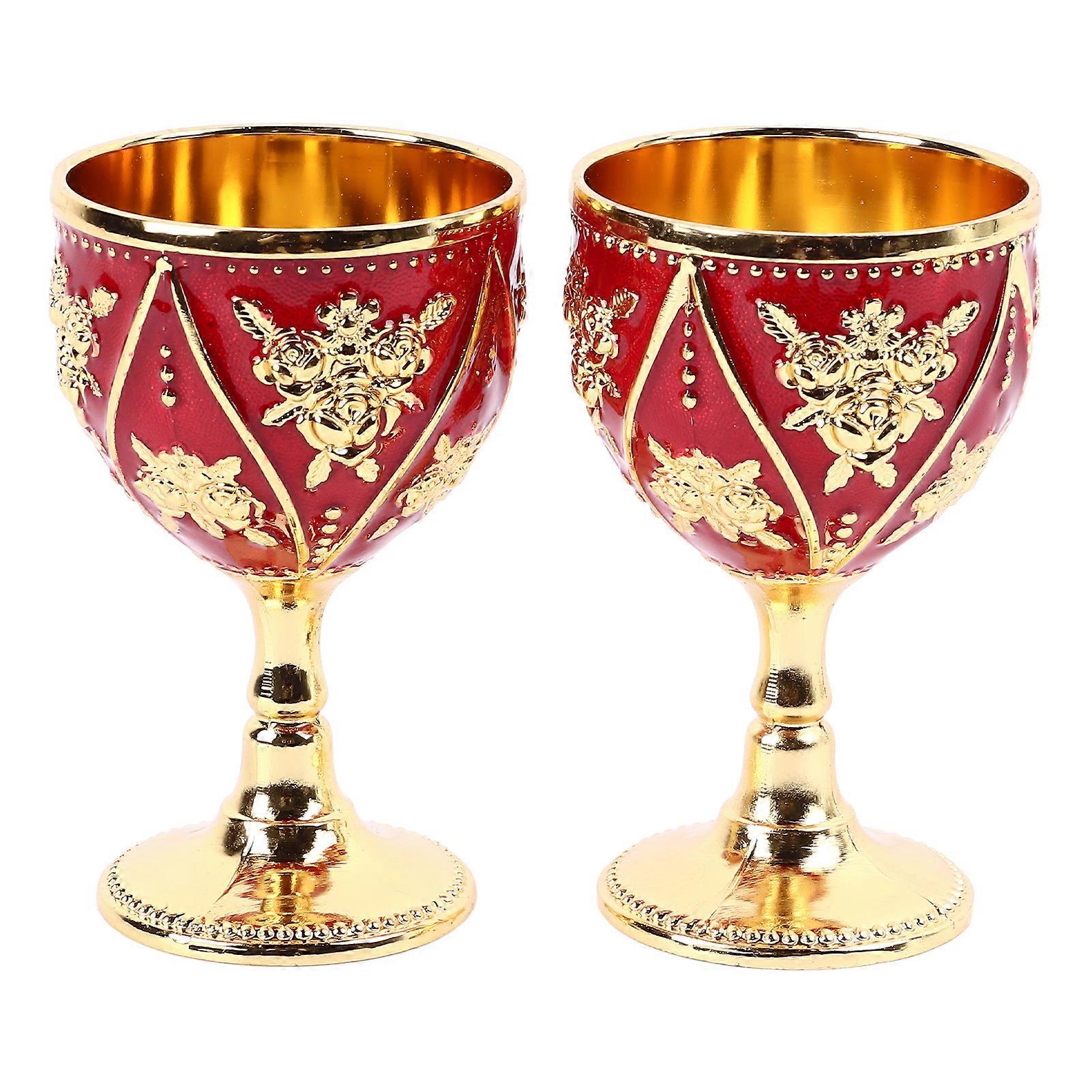 2 Pcs Wine Glass Exquisite 3D Relief Rose Flower Pattern Decorative Vintage Wineglass Gold Red