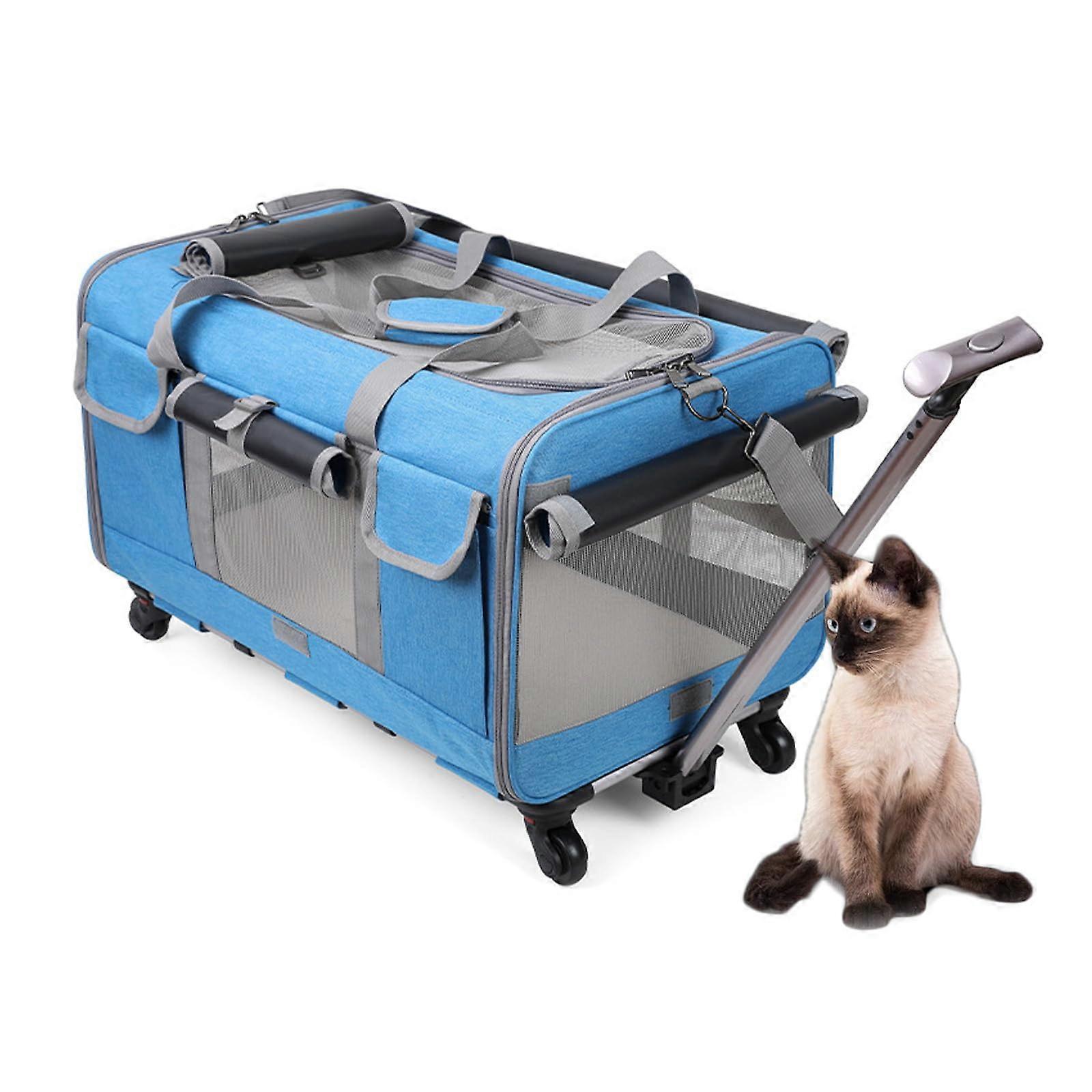 Pet Carrier with Wheels Foldable Cat And Small Dog Travel Carrier With Telescopic Handle And Shoulder Strap Blue