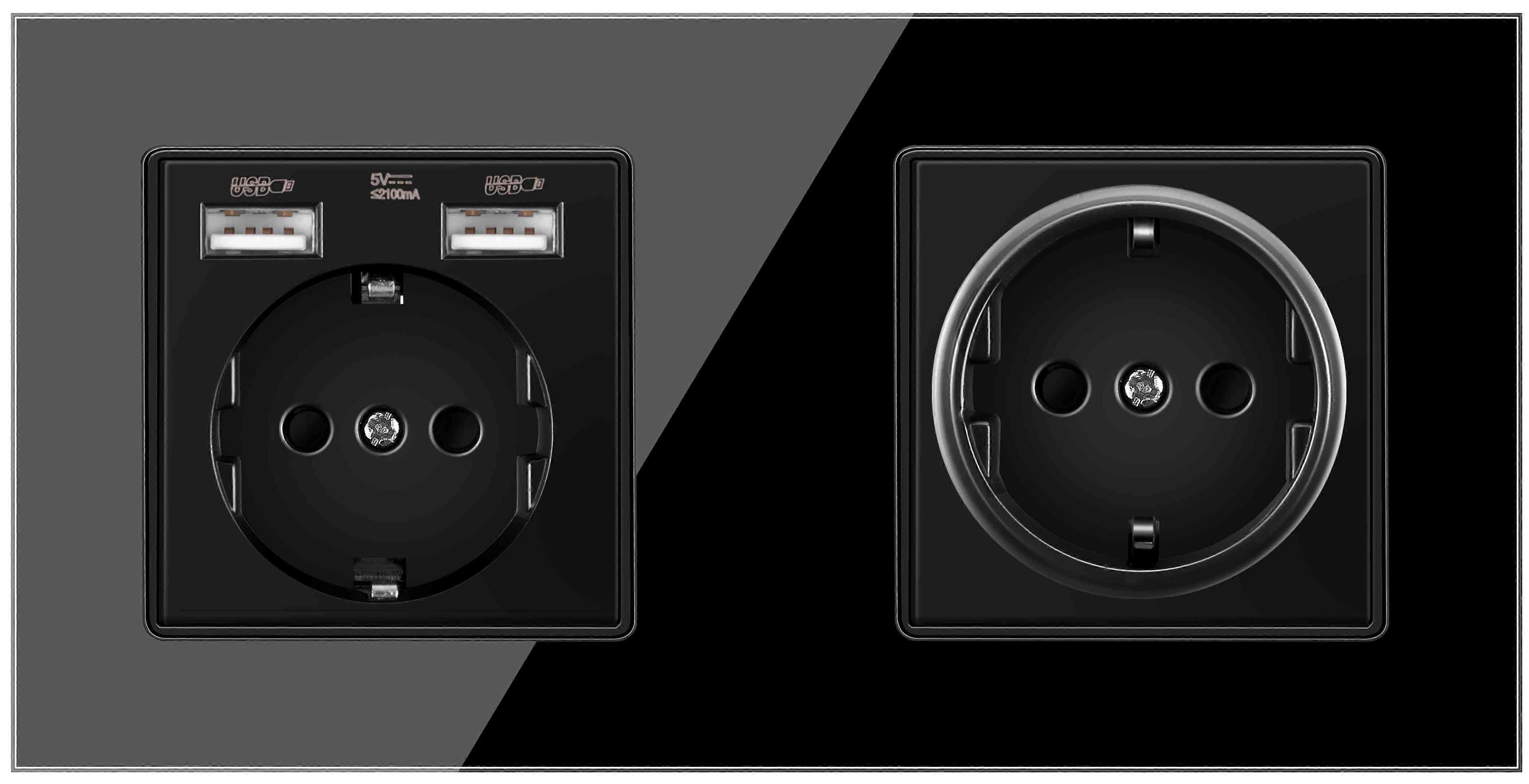 Eu Plug Wall Power 2-Socket 16A 250V + 2 USB Electrical Double Outlets Black Glass Panel Germany Sockets