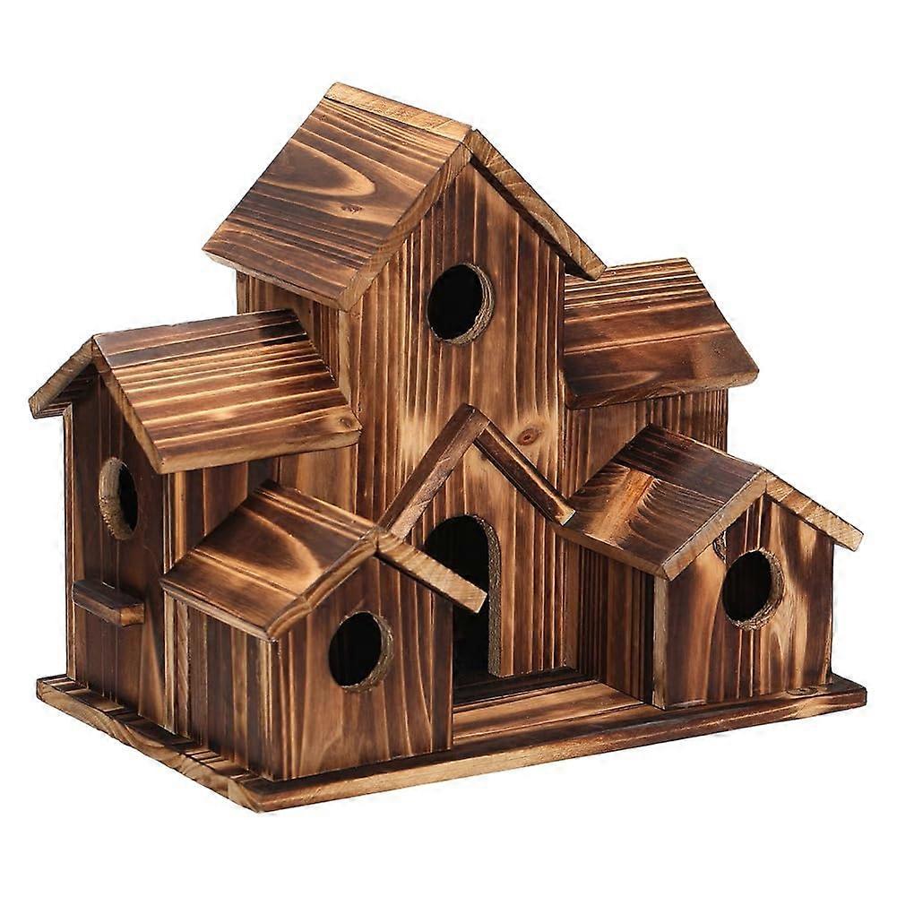 Hanging Wooden Bird House for Outside 6 Hole Design Natural Wood Courtyard and Backyard Garden Decor