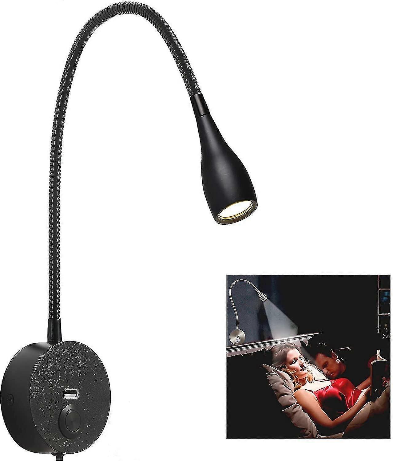 Minimalist LED Bedside Reading Light Wall Surface Mount with USB Charger Dimmable Matte Black