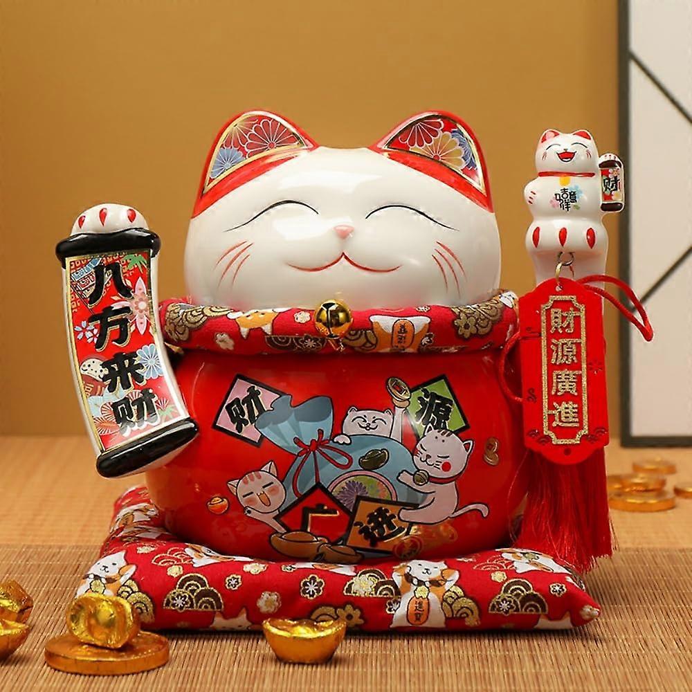 Lucky Cat Coin Bank Style Utsmyckat dekorerad Porslin Keramisk Maneki Neko Kinesisk Feng Shui Lucky Fortune katt figur (6 tum, rikedom)