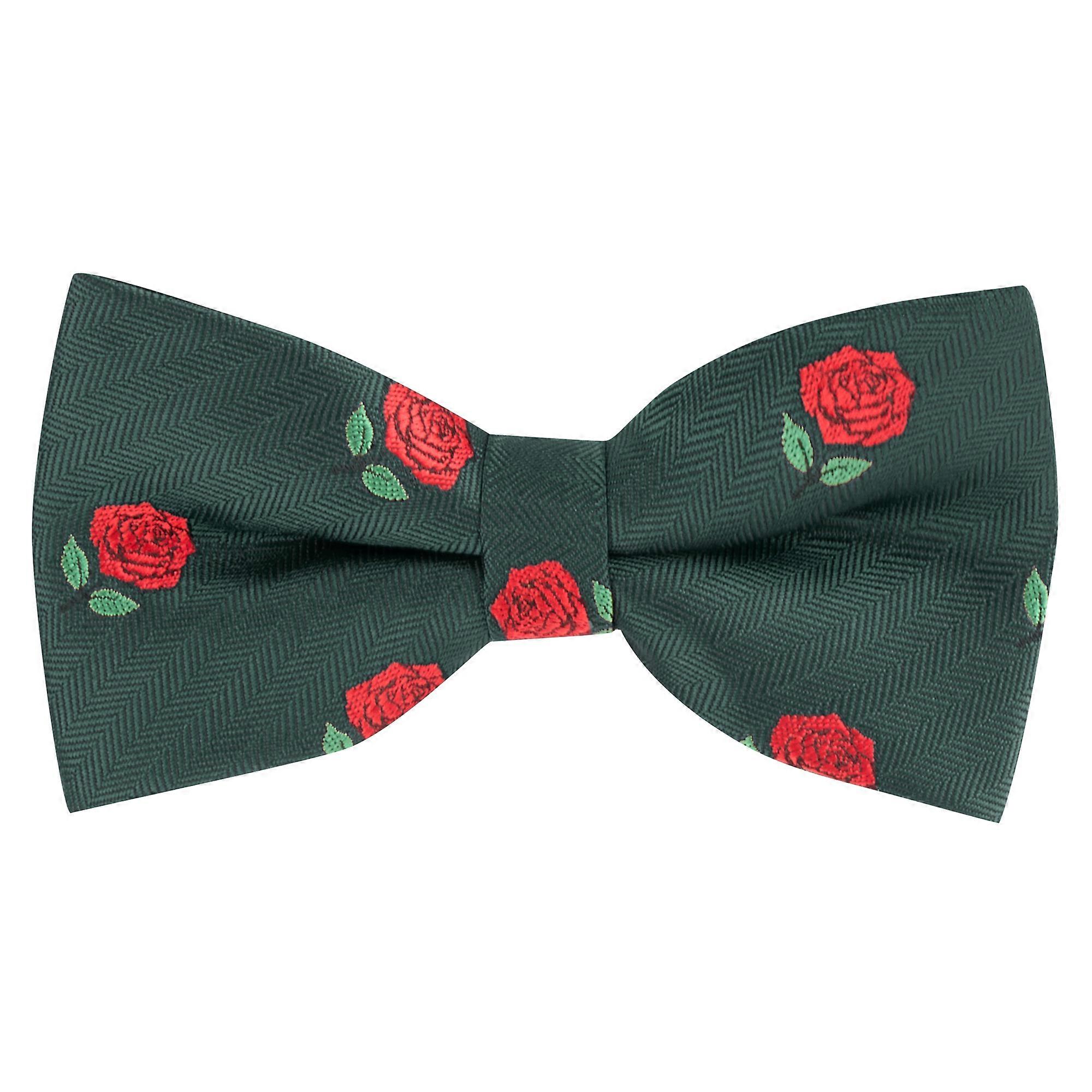 Dark Green Red Rose Herringbone Bow Tie