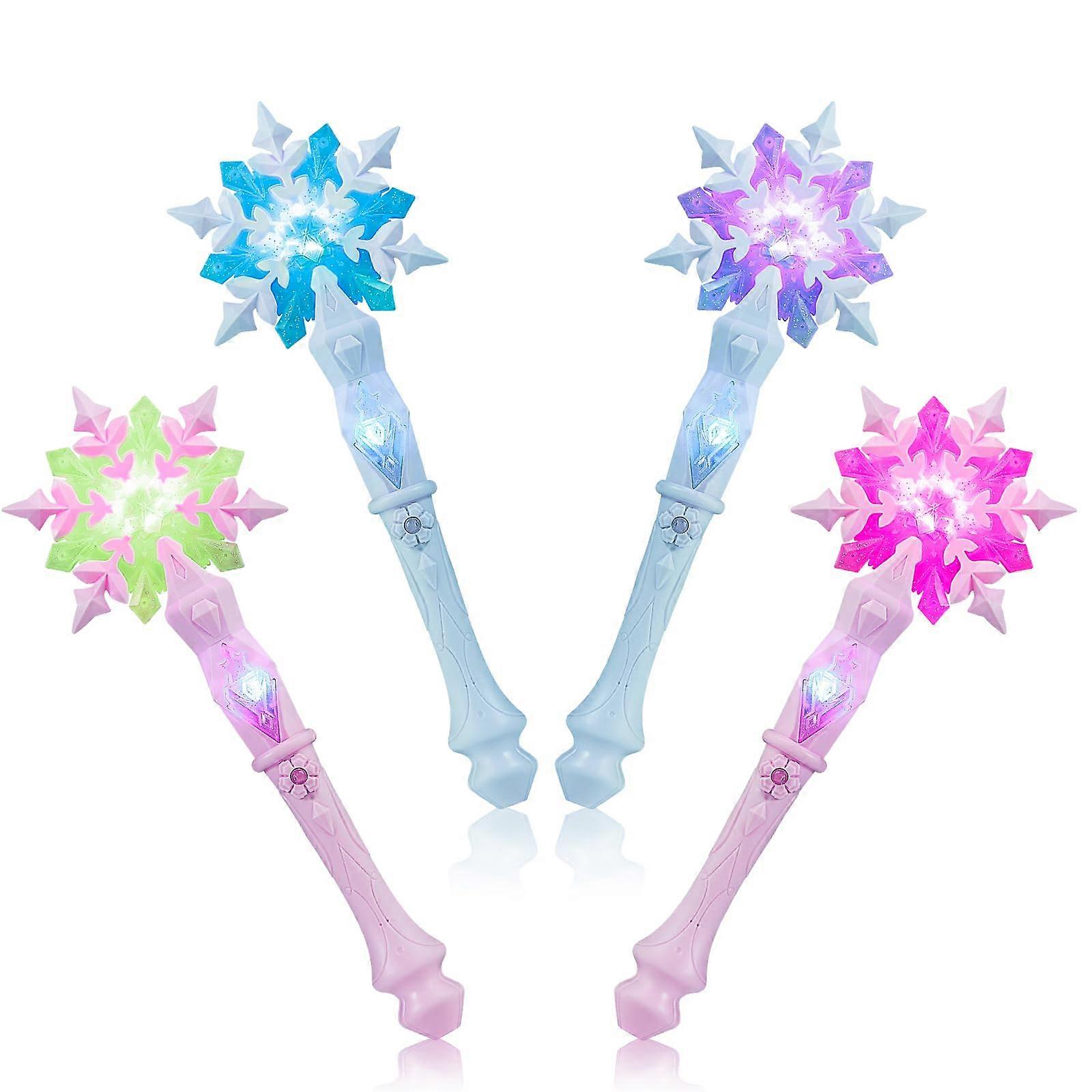 Light Up Frozen Snowflake Wand with Sound, Motion Sensitive Magic Princess Toys for Kids Party Favors 4 Pieces, (Mixed)