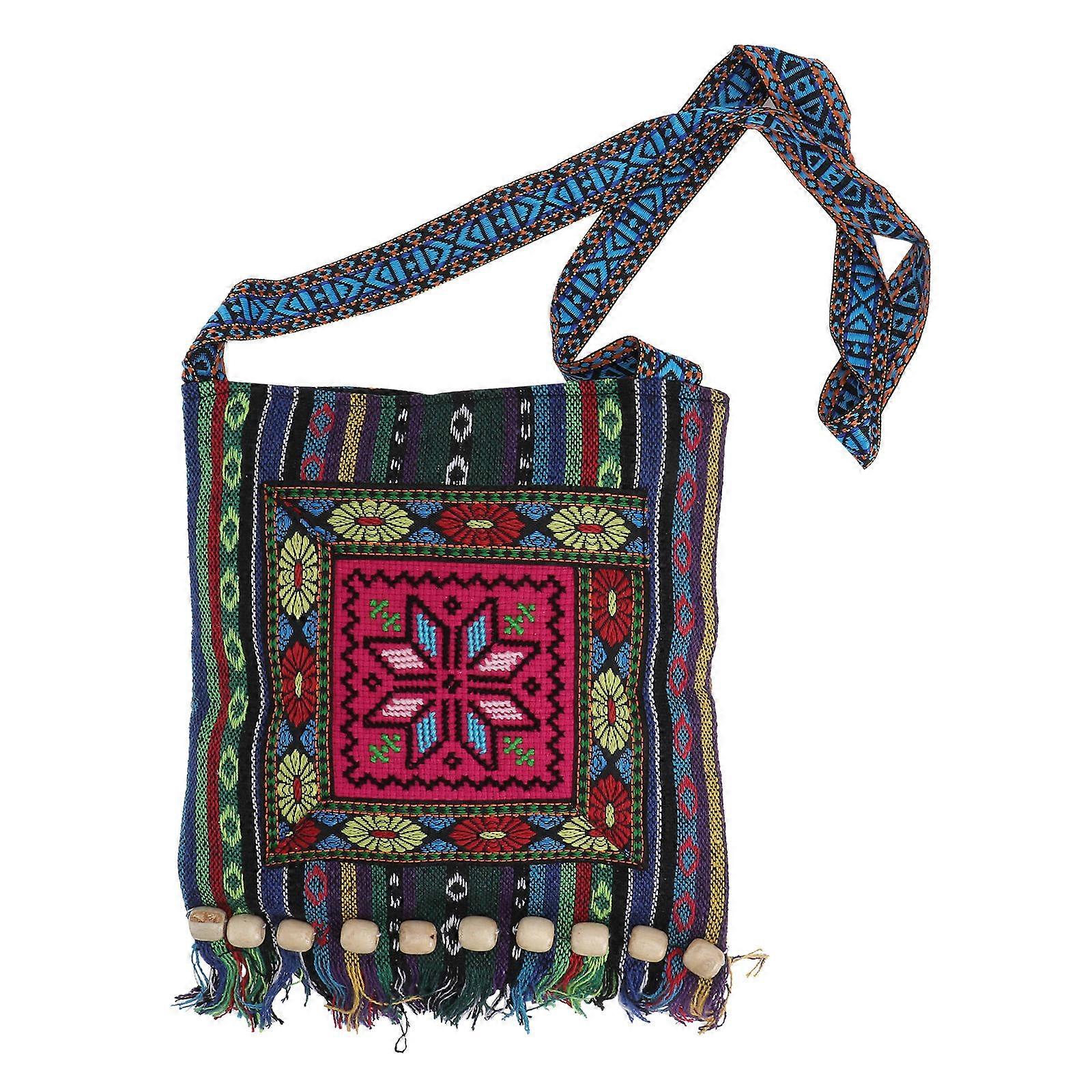 Trendy Shoulder Bag Boho Crossbody Pouch Multi Color 33*29cm Octagonal Embroidery Design Portable present Tassel Bead 1Pack