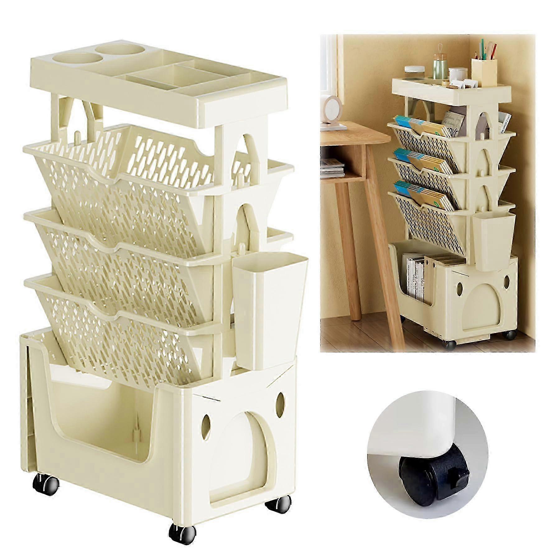 Rolling Bookshelf Cart Narrow 5 Tier Book Rack Storage Bookshelf Mobile Book Shelf With Wheels For Office Dorm Classroom,yellow