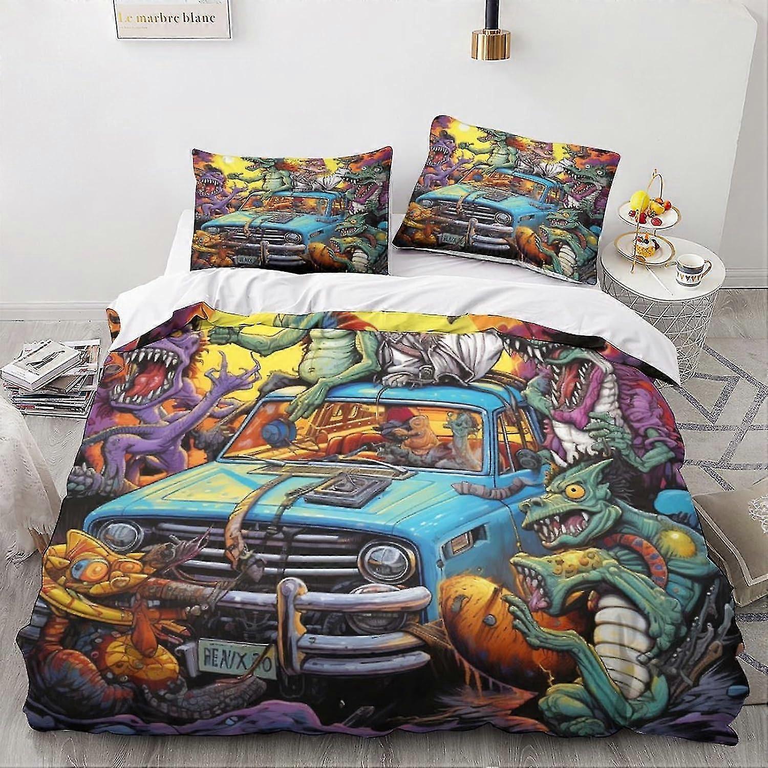 Monsters Duvet Cover Set, 3-Piece Cartoon Bedding with Soft Microfiber 3D Vintage Car Design and Pillow Cases