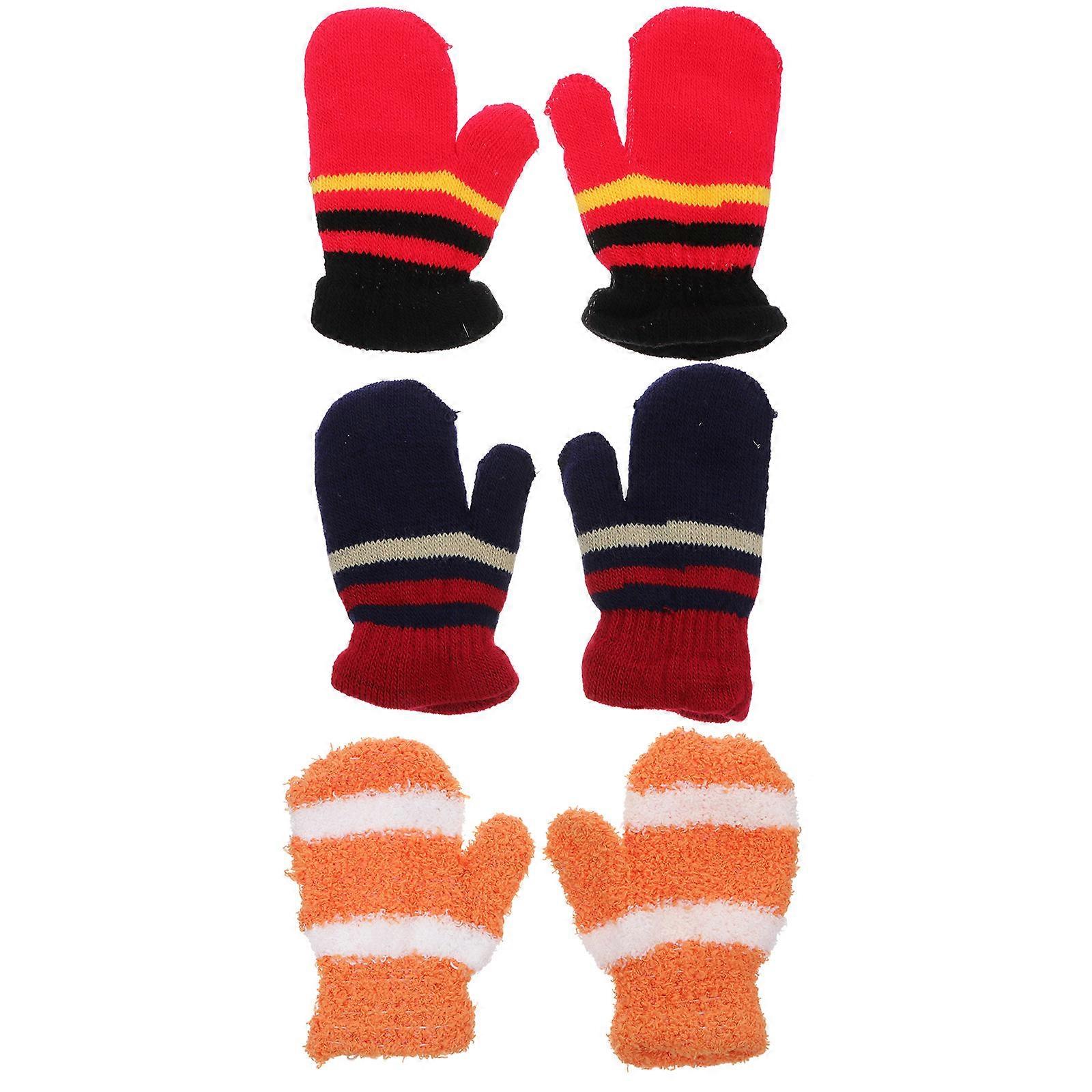 Warm Mittens For Kids Full Finger Spliced Color Simple And Generous Acrylic Fiber 3Pairs