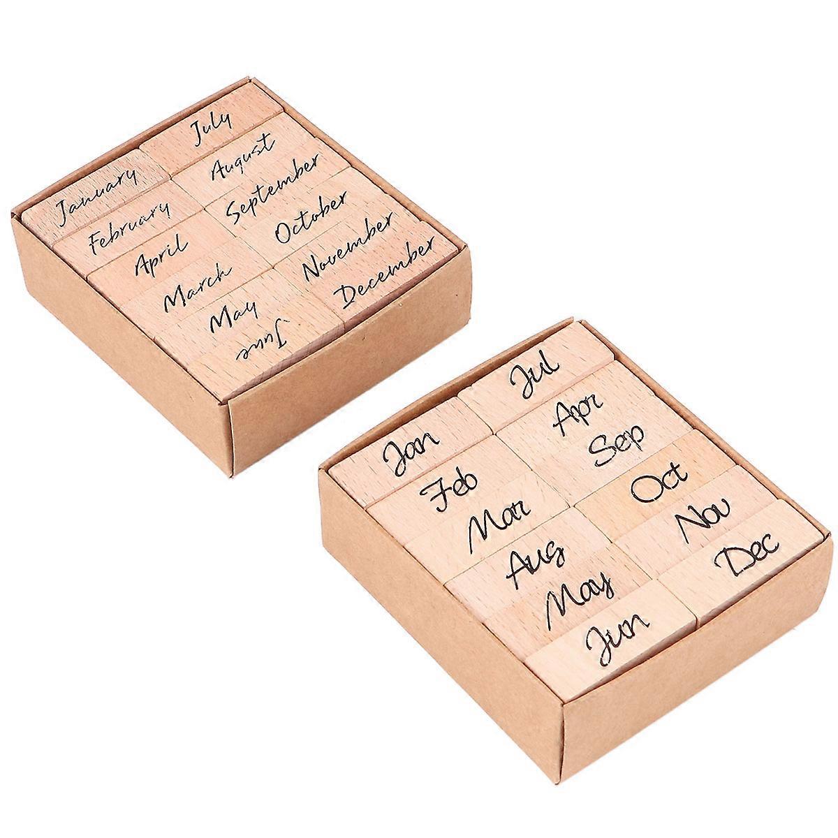 DIY Month Letter Stamps with Wooden Handles for Scrapbooking Easy to Clean Reusable Light Brown 24 Pieces
