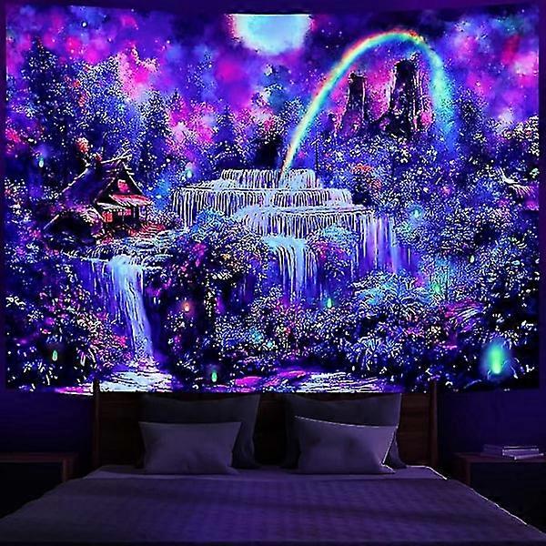 Black Light Tapestry Fantasy Forest Tapestry UV Reactive Waterfall Rainbow Tapestry Misty Jungle Plant Tapestry