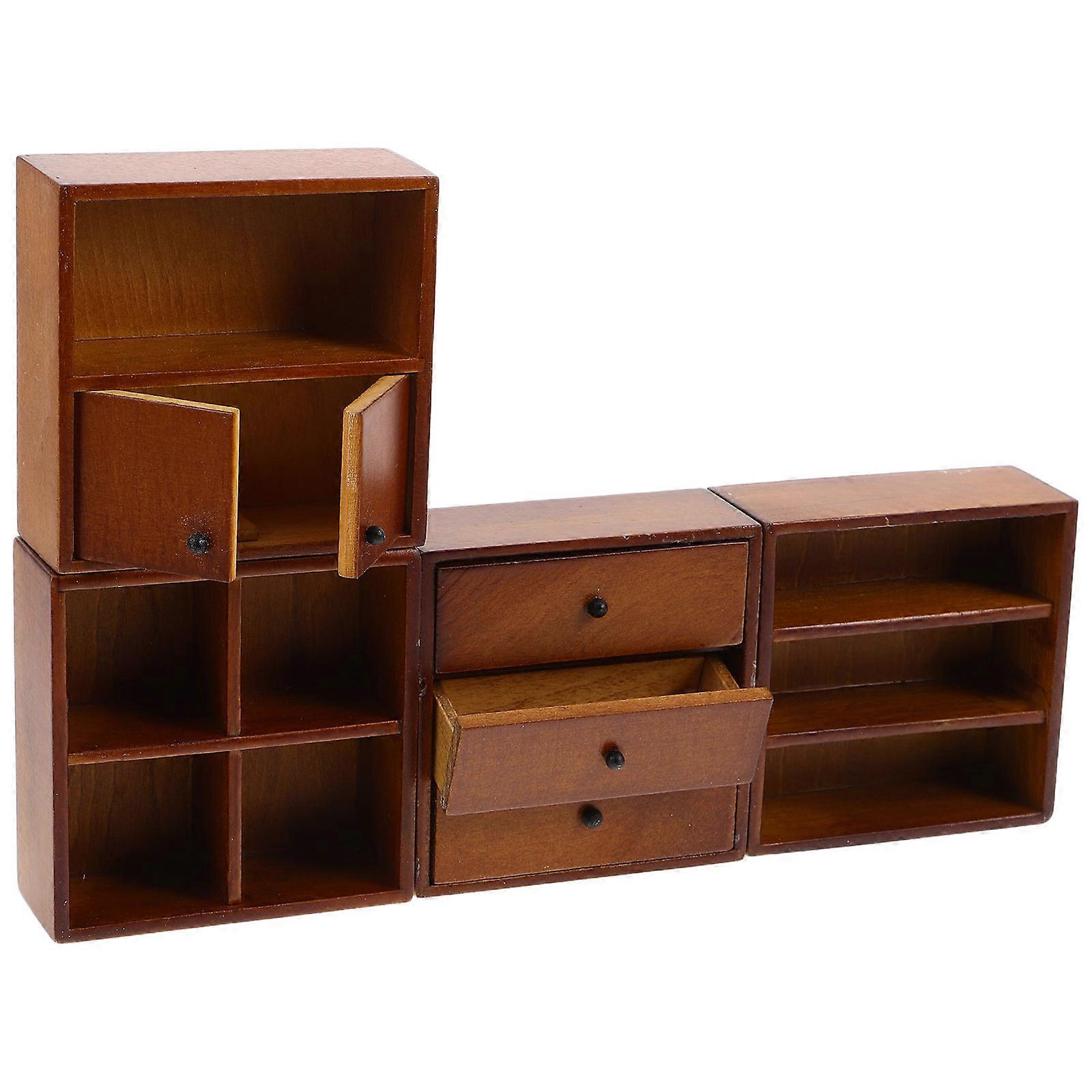 4pcs Miniature Wooden Cabinet for Dollhouse – Walnut Finish Micro Display Cabinet, Bookcase & Wardrobe Model with Detailed Craftsmanship, DIY Micro