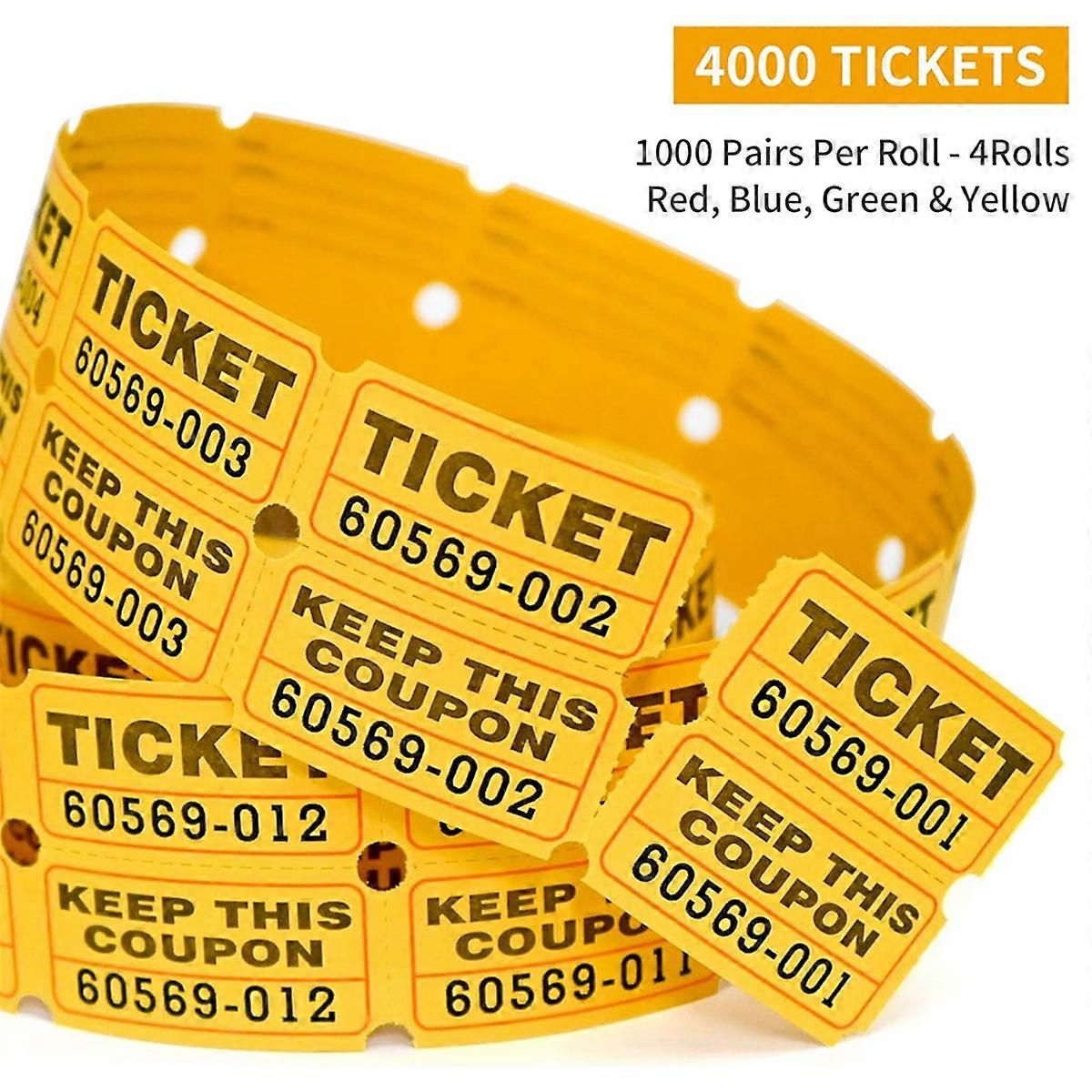 4000 Double Raffle Tickets-4 Assorted Colors (Blue,Yellow,Red,Green) 1000 Tickets Per Roll for Fundr