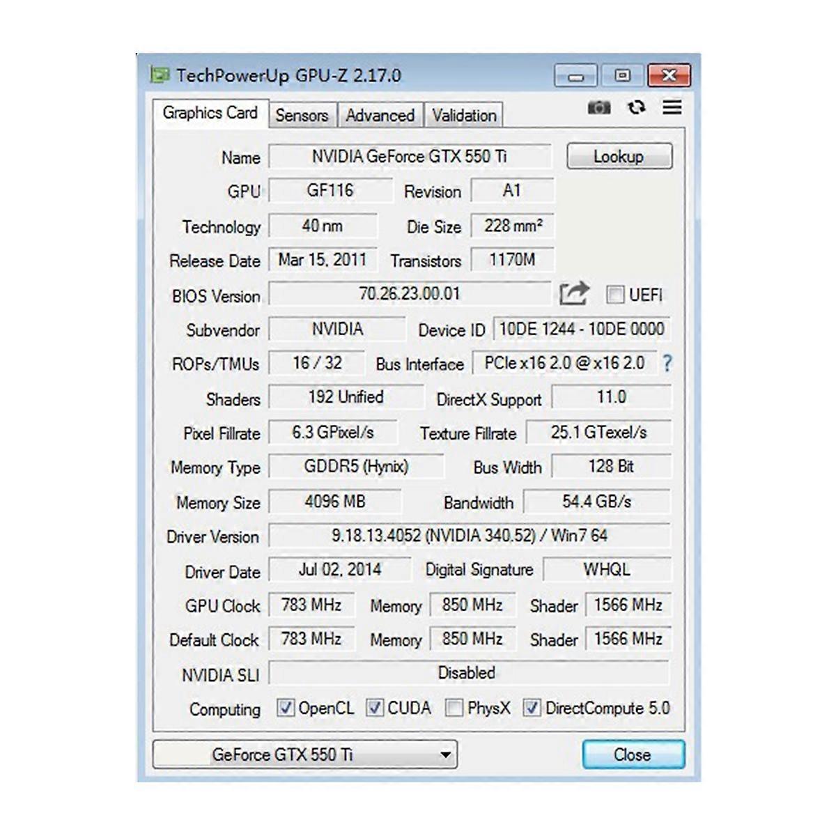 Carte graphique pour ordinateur de jeu GTX 550Ti 4 Go GDDR5 128 bits