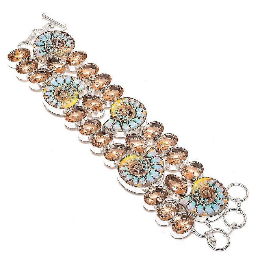 Natural Ammonite Fossil, Morganite 925 Sterling Silver Bracelet 7-8" q3Q68