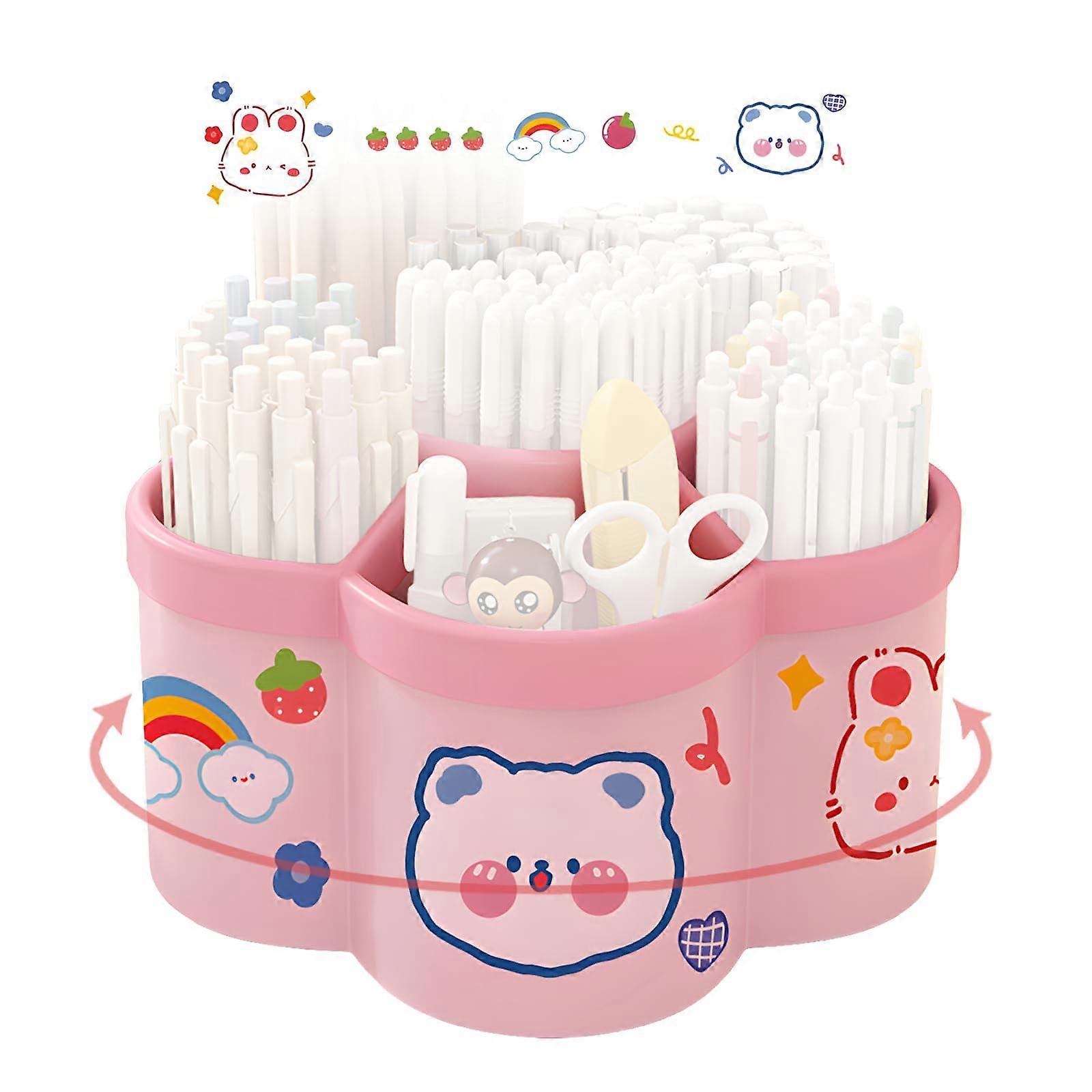 360° Rotating Pen Holder for Desk  Large Capacity Organizer with 6 Compartments (Pink)