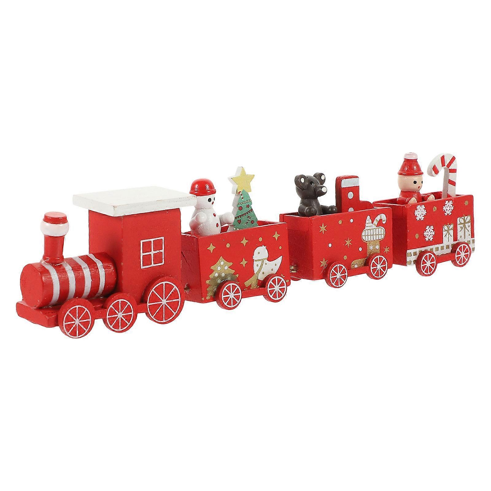 Christmas Train Set For Around Christmas Tree: Christmas Wooden Train Toy With Painted Statues - Mini Red Christmas Train Set For Christmas Tree