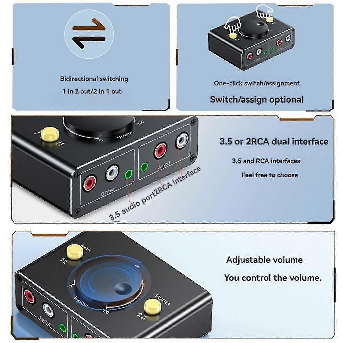3.5mm Audio Switch: Bidirectional 1-in-2-out or 2-in-1-out Splitter Switch for Dual to Single Connection