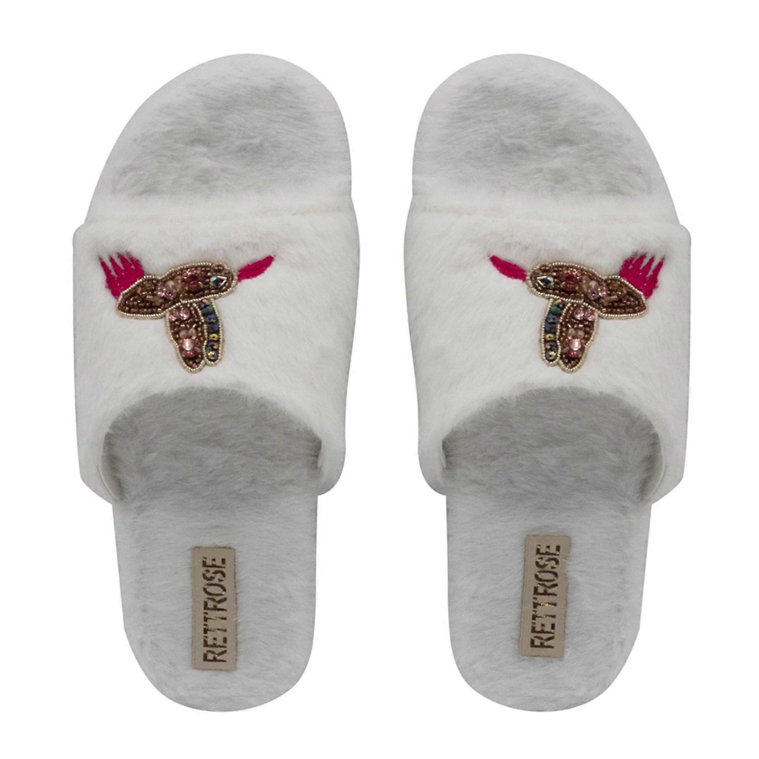 Rettrose ariella women’s white plush slippers – handmade casual luxury slippers with diamanté embellishment | premium faux fur indoor footwear