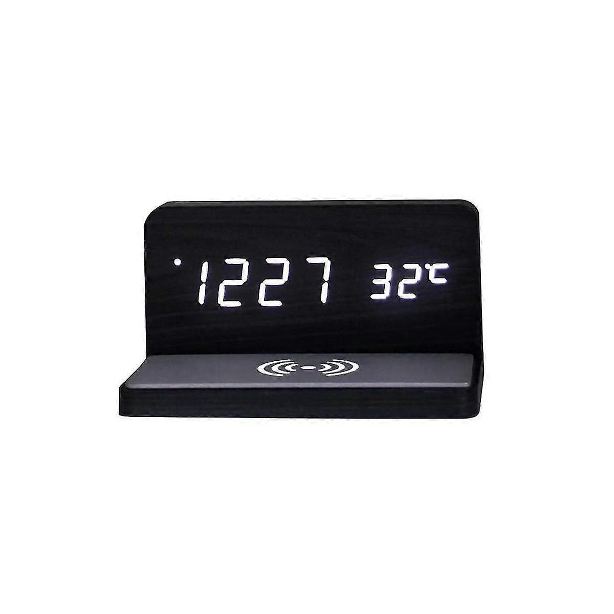 10W Multifunctional LED Wireless Charging Alarm Clock Silent Clock Electronic Clock Wireless Charging Thermometer-Black