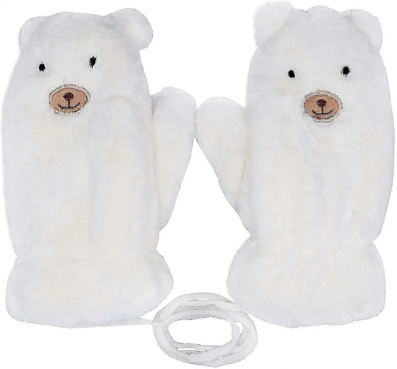Kids Boys Girls Winter Warm Mittens With String Soft Fluffy Faux Fur Polar Bear Lined Gloves