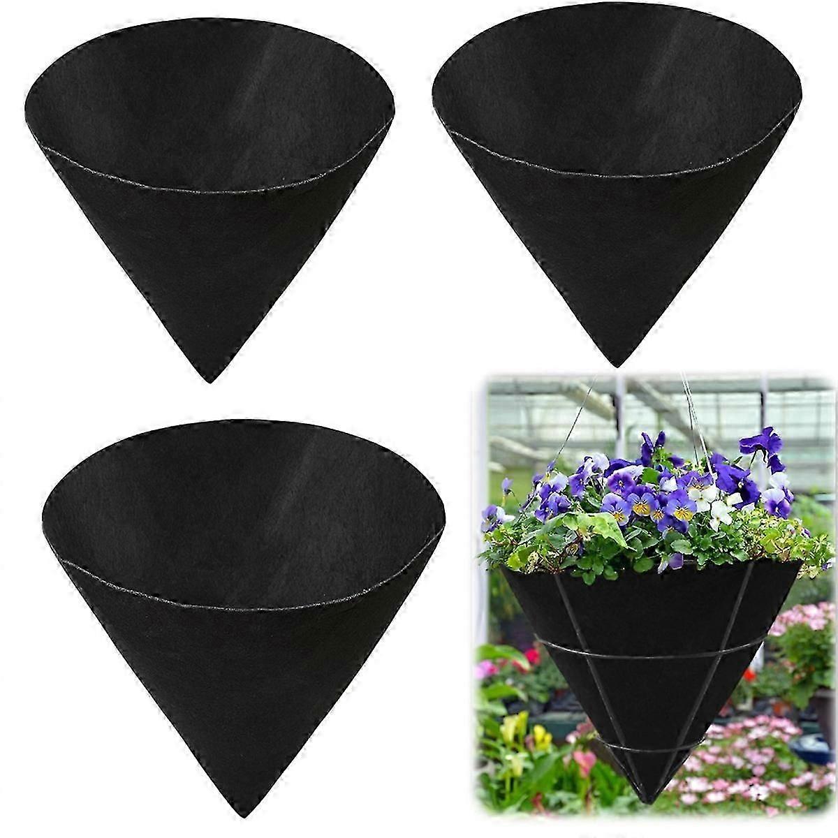 3PCS Cone Shaped Planter Basket Liners Fabric Hanging Plant Liners Non-Woven Planter Liners Black Felt Liners 14in