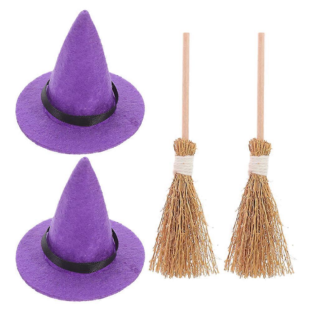Miniature Doll Hat and Broom Decorations for Halloween 4Sets Purple