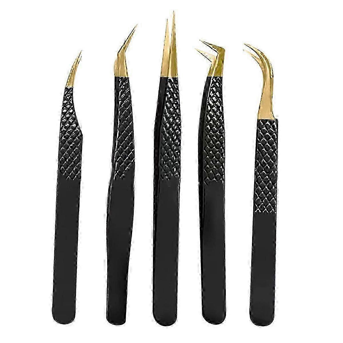 Fiber Tip Volume Lash Tweezers for Eyelash Extensions with Diamond Grip, Set of 5, Black