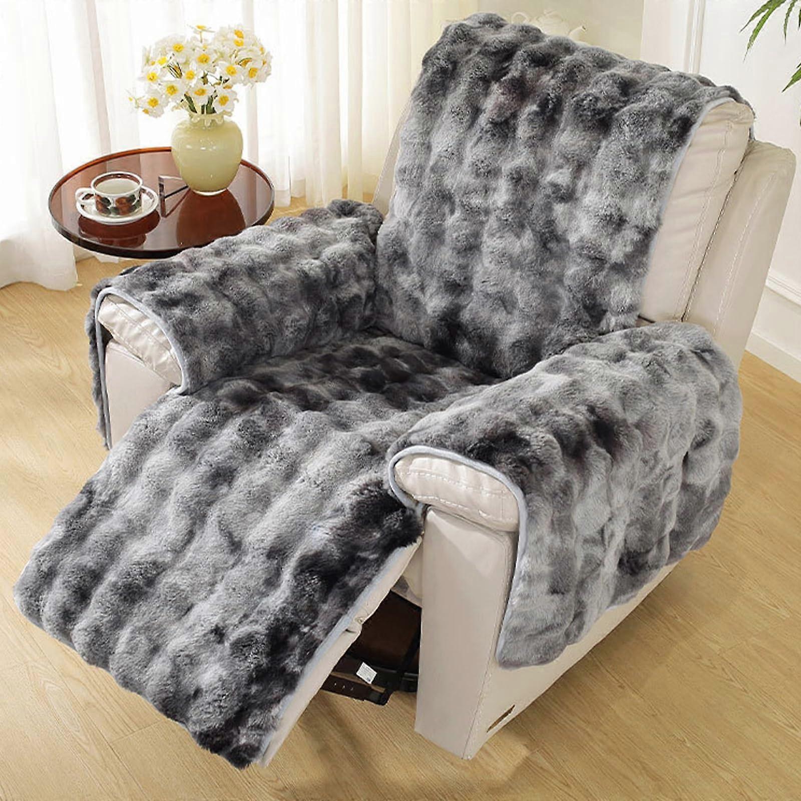 Thick Rabbit Plush Recliner Chair Cover Soft Faux Fur Non Slip Slipcover For Recliner And Sofa Dark Gray Couch Protector