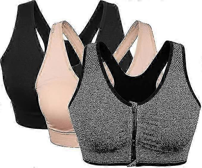 3 Pack Women's Sports Bra Zip Front Non Wired Comfy Post Surgery Bra With Removable Pads, Plus Size Bra S-4XL