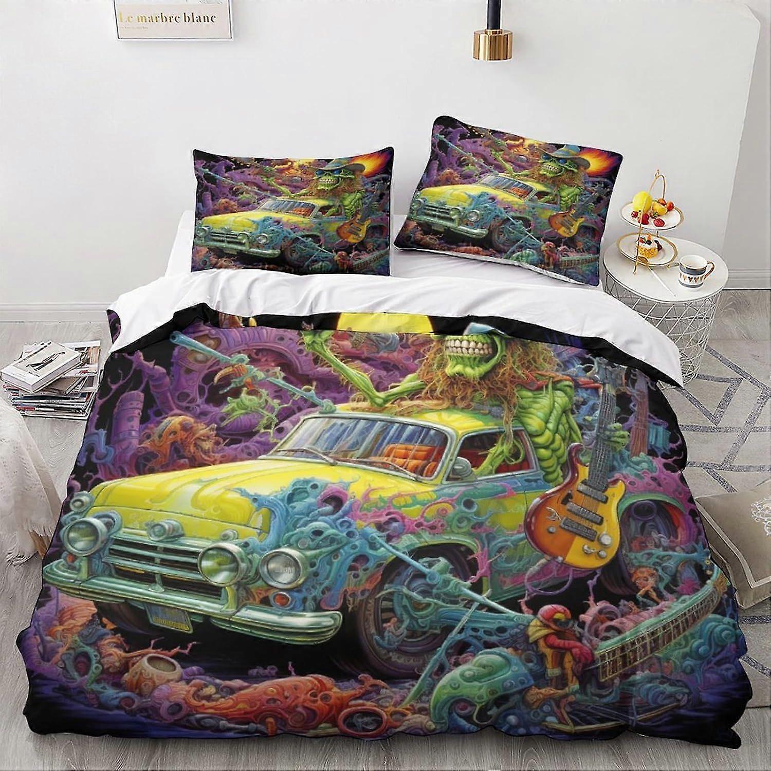 LikeEj monstros conjuntos de cama vintage carro edredom capa conjunto 3 peças, microfibra 3D desenhos animados quarto edredom conjunto King