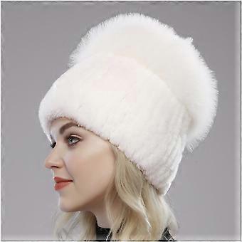 Women's Luxury Knitted Winter Hat with Real Rex Rabbit and Natural Fox Fur