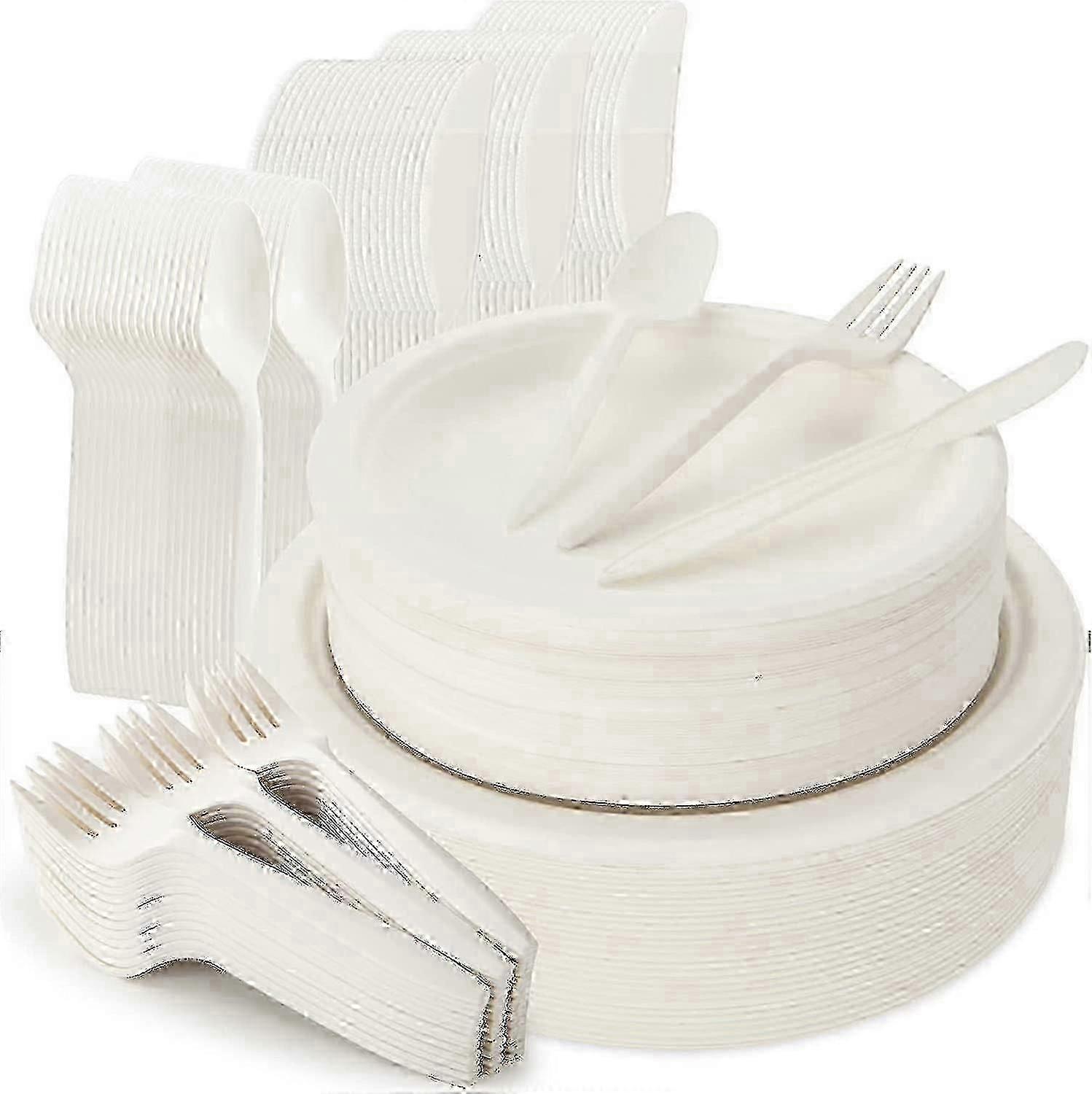 250pcs 일회용 접시 및 칼 붙이 세트, 퇴비화 가능한 사탕수수 식기 키트에는 7인치 및 9인치 종이 접시, 호환, 칼 및 숟가락이 포함됩니다.