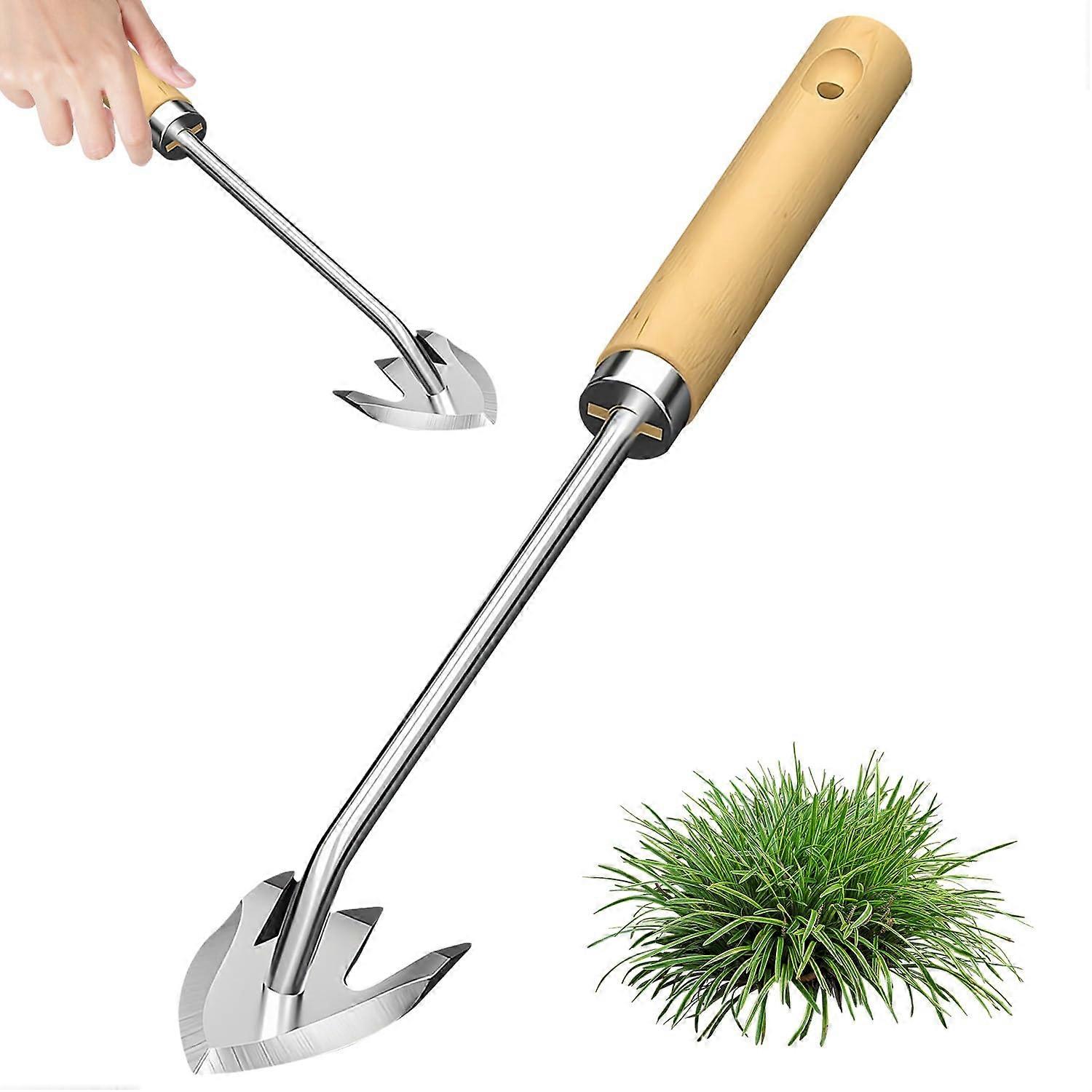 Garden Weed Puller with Ergonomic Wooden Handle, ThreeTooth Steel Manual Weeding Tool for Lawn and Backyard