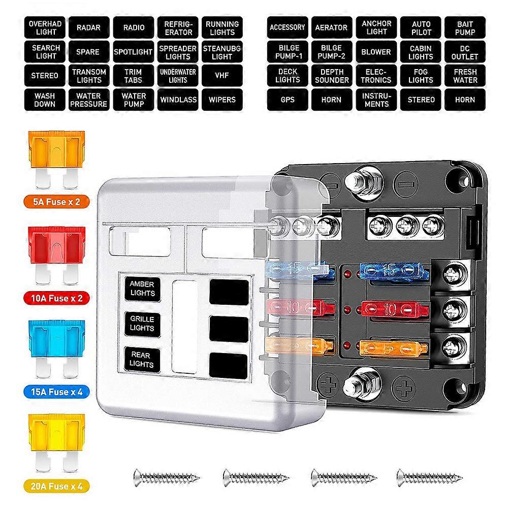 12V Marine Fuse Block Panel with LED Warning Indicator 6 Way 12 Way with Negative Bus Fuse Box for Car Boat RV Truck Motorcycle
