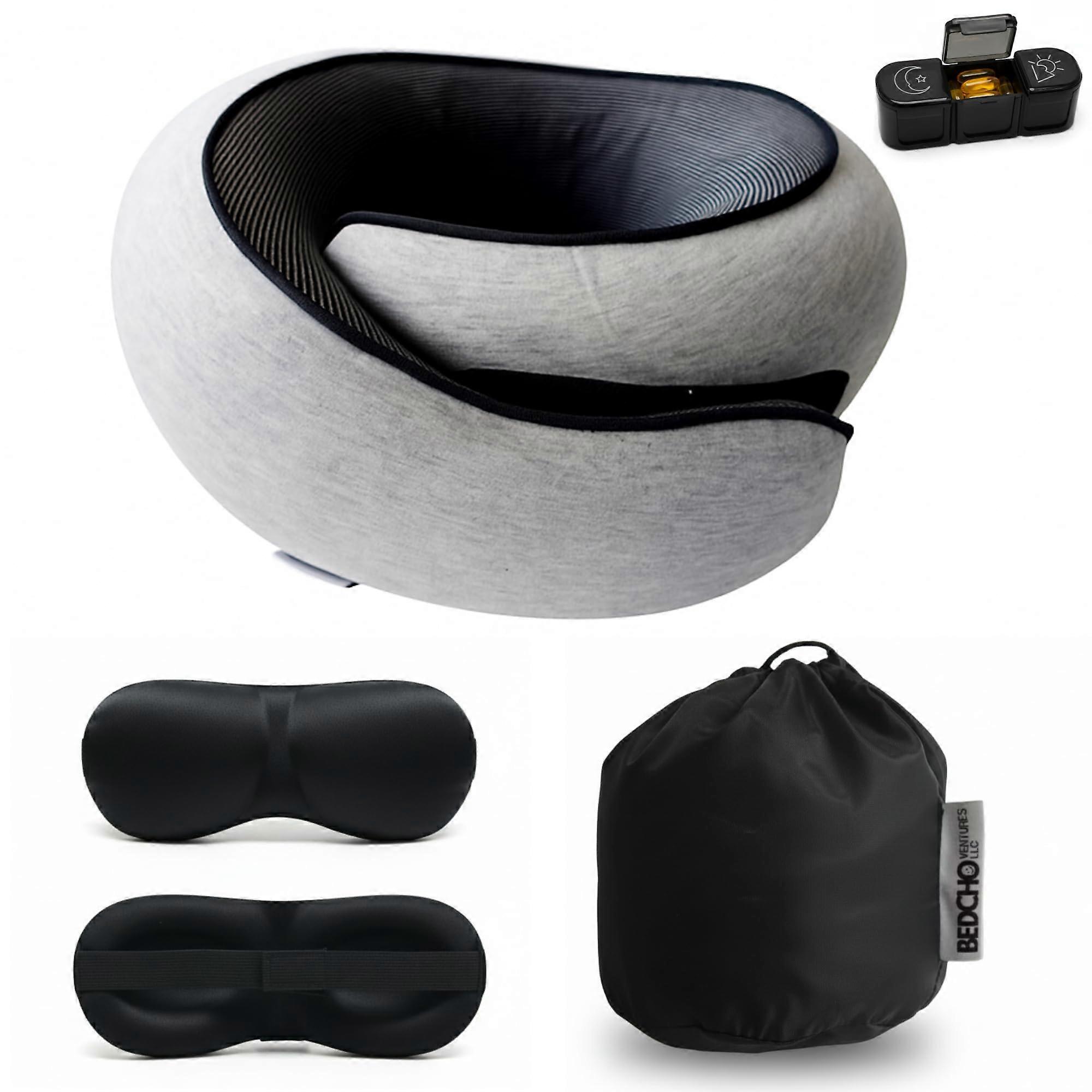 Travel Neck Pillow Memory Foam Comfort with Eye Mask and Pill Case for Airplane Car Train