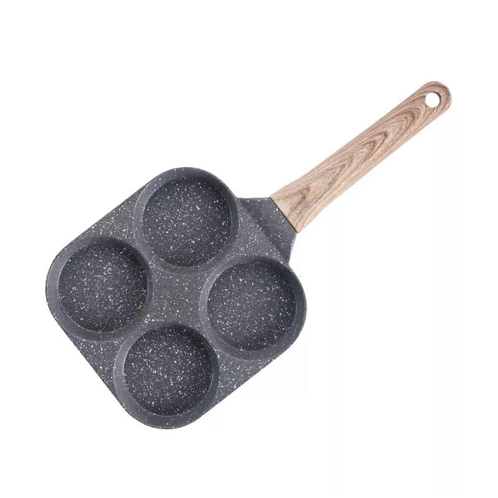 Ceramic Nonstick Frying Pan with 4 Egg Molds and Wood Grain Handle for Even Heat Cooking
