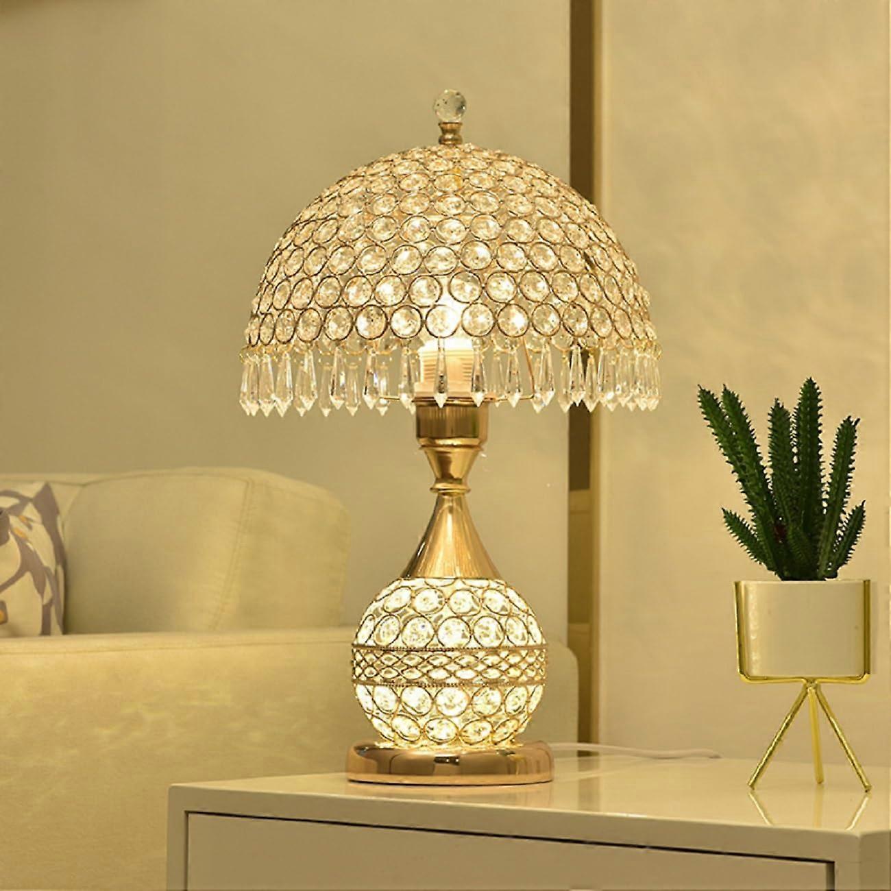 Crystal Table Lamp with 3 Lighting Colors, Golden LED Bedside Lamp Dimmable for Bedroom