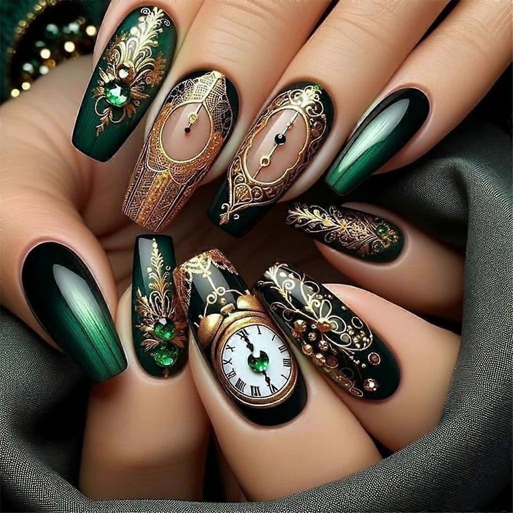 Green Black Coffin Press On Nails Vintage Clock Design Medium Length with 24pcs Application Kit